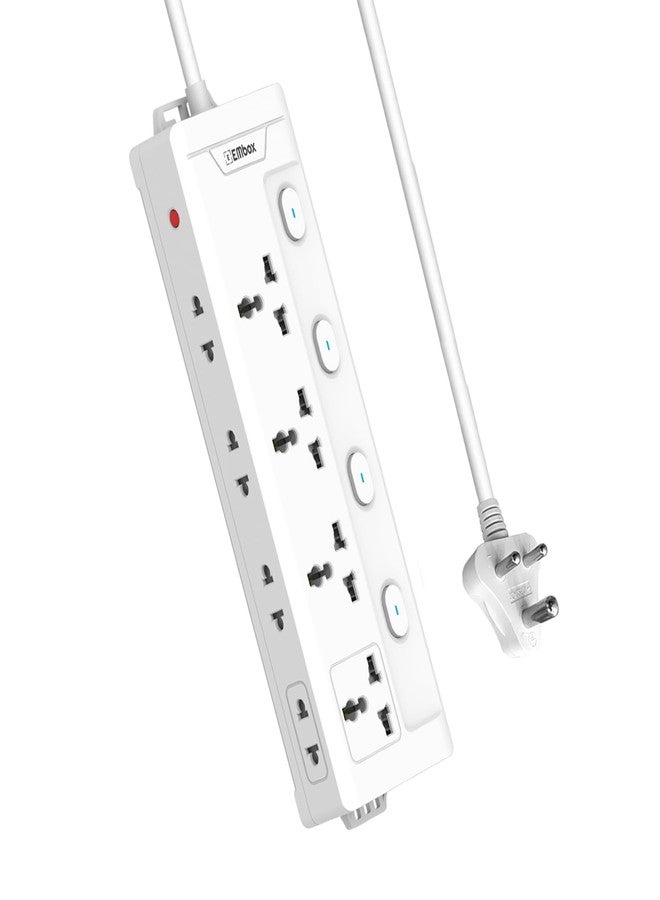 EMBOX لوحة تمديد كهربائية من إمبوكس مزودة بمفاتيح، بقدرة 1500 واط، و4 مقابس كهربائية عالمية، ومفتاح تشغيل فردي، وغطاء أمان، وحماية من ارتفاع التيار المفاجئ 6 أمبير، ومؤشر LED، وغطاء أمان، وسلك تمديد بطول مترين. - Image 1